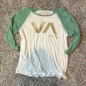 RVCA White Tee with Green Raglan Sleeves and Metallic Logo